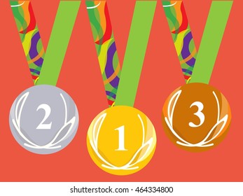 Medals on the red. isolated set. original. in the Rio. Brazil. on podium. for winners. victory. Red background. Vector illustration.