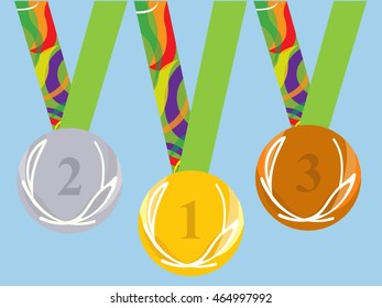 Medals on the red. isolated set. original. in the Rio. Brazil. on podium. for winners. victory. Blue sky background. Vector illustration.