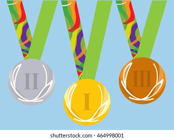 Medals on the red. isolated set. original. in the Rio. Brazil. on podium. for winners. victory. Blue sky background. Vector illustration.