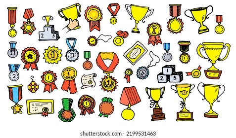 medals and orders with cups in color. a collection of hand-drawn doodles in the style of gold medals for first place and gold cups, for winning in a black outline on white for the design template of s