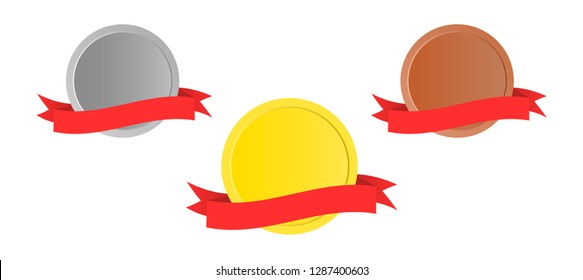 Medals with red ribbon. Gold, silver and bronze medal.