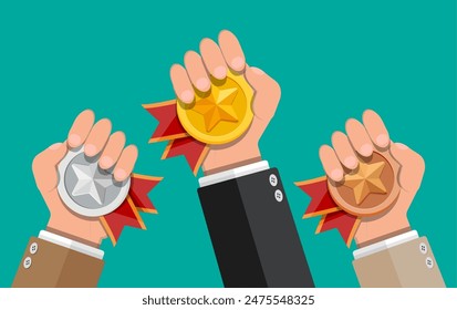 Medals with red ribbons and star shapes in hands. Gold, silver, bronze champion. Winners medallion. First, second, third place, achievement, award, prize, leader badge bonus. Flat style illustration