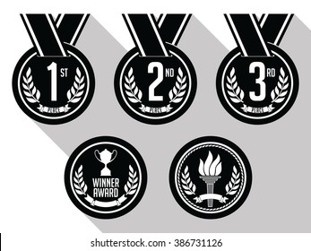 Medals with Ribbon. Flat. Set of Gold, Silver and Bronze Medals. Vector. Black and White.