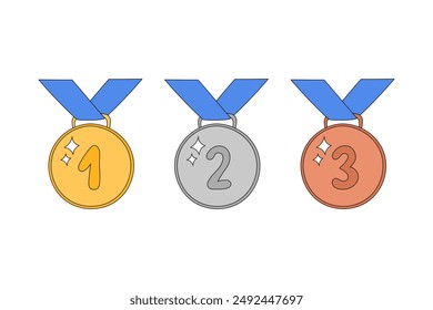 Medals with ribbon vector illustration. Doodle prizes set of golden, silver and bronze. Winner awards first, second and third places. Outline hand drawn medals isolated elements with numbers 1, 2, 3