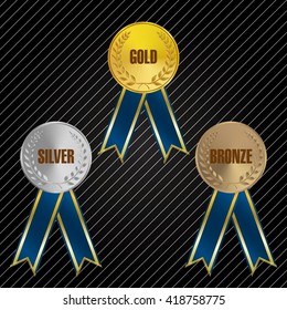 Medals with ribbons for Gold, Silver, Bronze awards