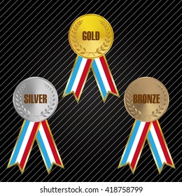 Medals with ribbons for Gold, Silver, Bronze awards