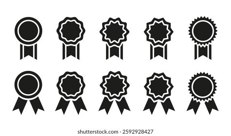 Medals with ribbons set. Awards and rewards. Prize for first place. Trophy for winners in competitions or tournaments. Flat vector collection isolated on white background