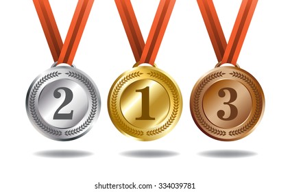 Medals and ribbons for the winners. Gold, silver and bronze colors.