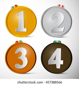 Medals Set. First, Second, Third and Fourth Place Awards Vector Illustration.