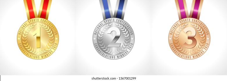 Medals set gold, silver and bronze. Coloured victory symbols. Celebrating congratulating 1 st, 2 nd 3 rd colored collection of star vector signs 2019 Isolated abstract nominee graphic design template.