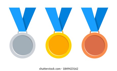 Medals set. Gold, silver and bronze medal with blue ribbon. Champion award. Vector