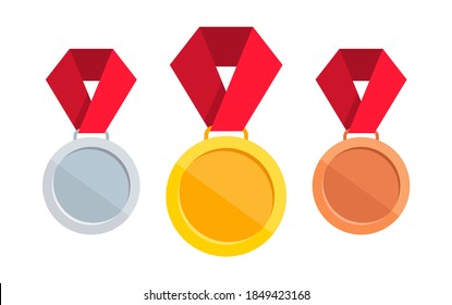 Medals set. Gold, silver and bronze medal with red ribbon. Champion award. Vector