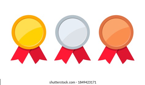 Medals set. Gold, silver and bronze medal with red ribbon. Champion award. Vector