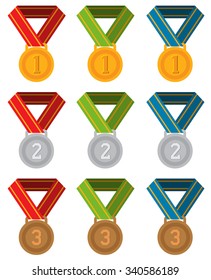 Medals, set of gold, silver and bronze medals