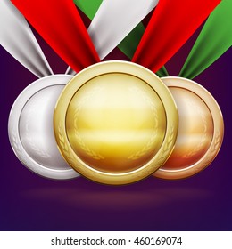 Medals set, gold silver and bronze awards for challenge champions, vector illustration