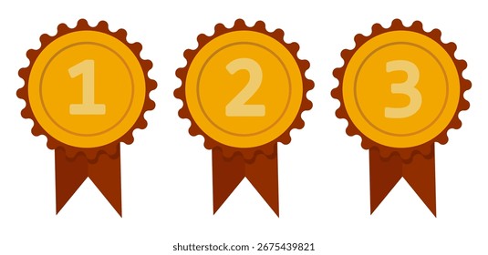 Ilustração do conjunto de medalhas. Primeiro segundo terceiro. Colocar símbolos de troféu. Vitória ranking Vetor. EPS 10.