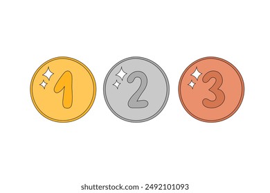 Medallas a la Ilustración vectorial. Los premios Doodle son oro, plata y bronce. Ganador de los premios de primer, segundo y tercer lugar. Contorno dibujado a mano lindas medallas 1, 2, 3. Objetos de diseño aislados, Elementos.