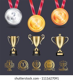 Medals silver and gold set on red lace, cups on pedestal, badges with prize, laurel branch, collection of leaders winning people vector illustration