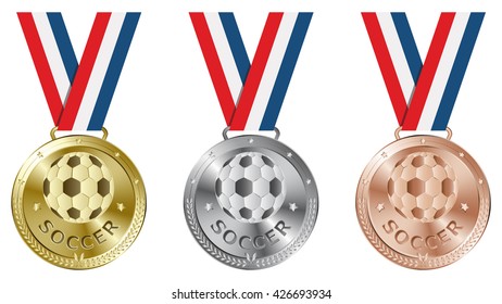 Medals soccer gold, silver, bronze isolated on a white background. vector illustration.