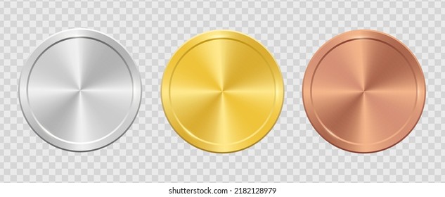 Medals vector collection. Set of shiny round awards in gold, silver and bronze colors. Luxury frames, decoration emblems. Isolated abstract graphic design template