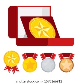 Medals vector set decorated with star in open red velvet box, different medals golden, silver, bronze with red ribbon isolated on white background . Icon sign first, second, third place illustration.