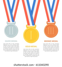 Medals vector set on white background. Poster or infographic with gold, silver and bronze medals. Award medals on ribbons for the first, second and third places in a flat style.