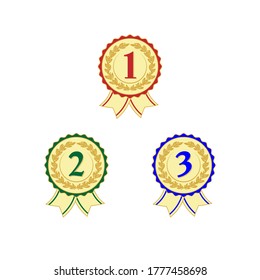 Medals for winners with laurel wreaths, ribbons and numbers 1,2,3. Signs of various colors for 1st, 2nd and 3rd place.