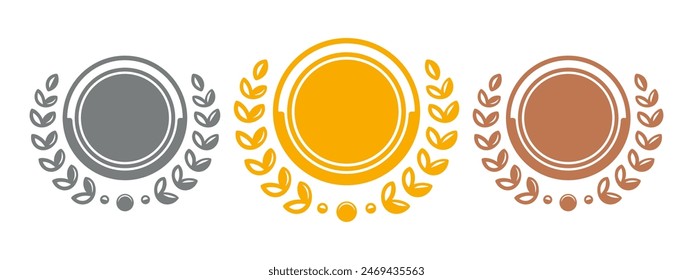 Medals with wreath. Gold, silver and bronze medals. Champion and winner awards. EPS 10 vector.
