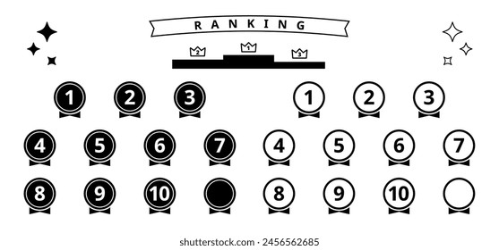 Medal-shaped ranking icon set from 1st to 10th place