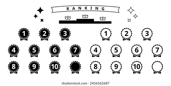 Medal-shaped ranking icon set from 1st to 10th place