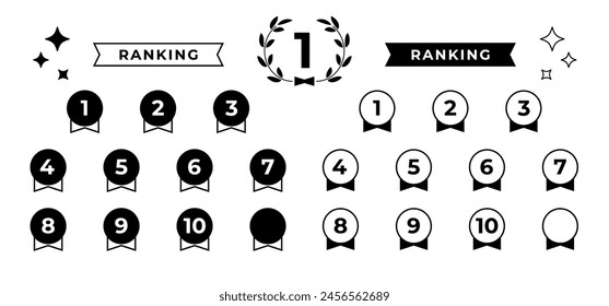 Medal-shaped ranking icon set from 1st to 10th place