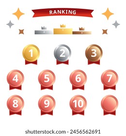 Medal-shaped ranking icon set from 1st to 10th place