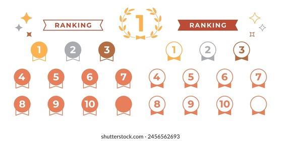 Medal-shaped ranking icon set from 1st to 10th place