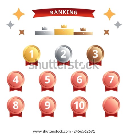 Medal-shaped ranking icon set from 1st to 10th place