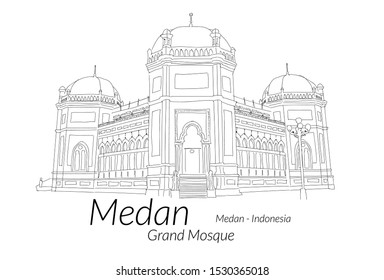 Medan Great Mosque in Indonesia Hand drawn sketch. Vector illustration.