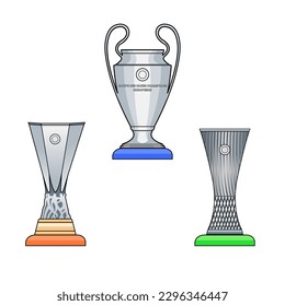 Medan, Indonesia - 05.01.2023: Vector graphic illustration of Champions League Trophy, Europa league Trophy , confederations Trophy. European clubs football tournament trophy.