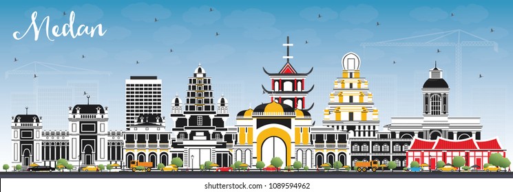 Medan Indonesia City Skyline with Color Buildings and Blue Sky. Vector Illustration. Business Travel and Tourism Concept with Historic Architecture. Medan Cityscape with Landmarks.