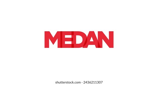 Medan in the Indonesia emblem for print and web. Design features geometric style, vector illustration with bold typography in modern font. Graphic slogan lettering isolated on white background.