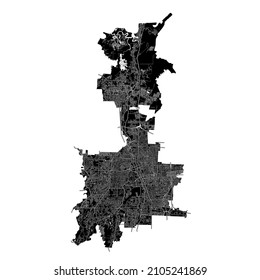 Medan, Indonesia, high resolution vector map with city boundaries, and editable paths. The city map was drawn with white areas and lines for main roads, side roads and watercourses on a black