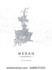 Medan vector print map. Detailed map of city in Indonesia. Tourist decorative minimalist street map.