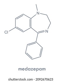 Medazepam structure. Benzodiazepine drug molecule used in treatment of anxiety. Chemical formula.