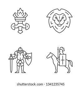 Meddieval linear icons set. Burning torch, Lion head shield, Knight in full armor, Horse knight with flag and lance. Thin line contour symbols. Isolated vector outline illustrations. Editable stroke