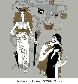 Medea, Jason and sorceress Circe. Ancient Greek mythology. Hand drawn fine art. On gray background.