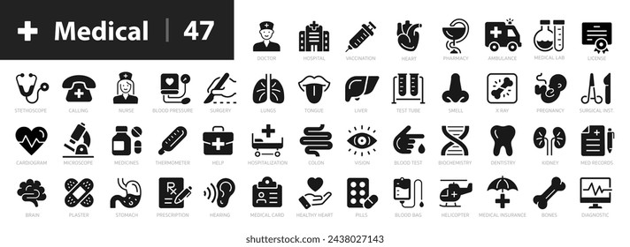 Medizin flache Symbole gesetzt. Medical and Health 47 Icons Sammlung. Arzt, medizinische Karte, Diagnose, Apotheke, Krankenwagen, innere Organe, Sinnesorgane, Kardiogramm - Stockvektor.