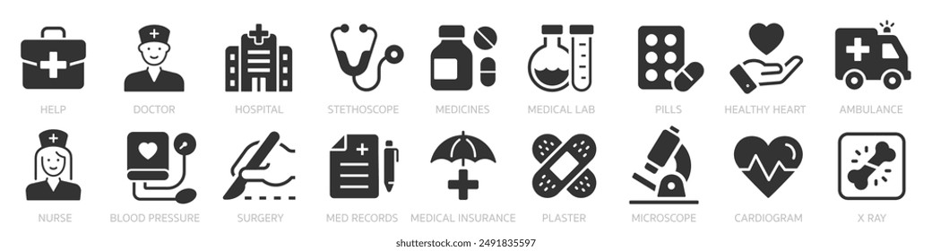 Medecine flat icons set. Medical and Health icons collection. Doctor, medical card diagnostic, pharmacy, ambulance, cardiogram - stock vector.