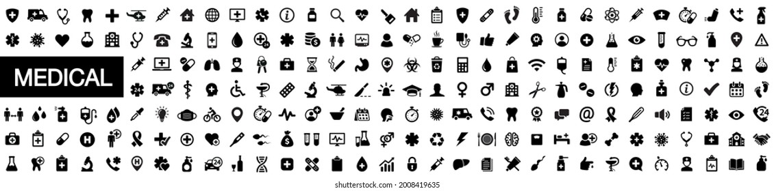 Medecine and health icon symbols. Set 207 Medical care icon. Pills, doctor, intensive care, COVID 19, hospital, ambulance, virus icons - stock vector.