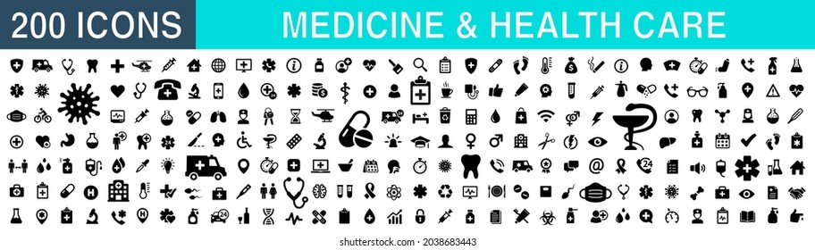 Medecine and health icon symbols. Set 207 Medical care icon. Pills, doctor, intensive care, COVID 19, hospital, ambulance, virus icons - stock vector.