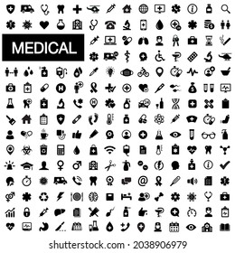 Medecine and health icon symbols. Set 207 Medical care icon. Pills, doctor, intensive care, COVID 19, hospital, ambulance, virus icons - stock vector.