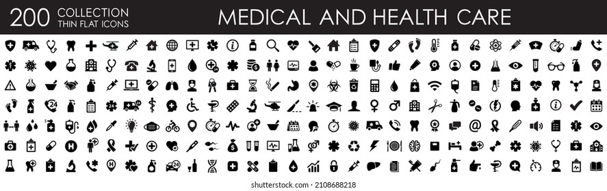 Médecine y símbolos de iconos de salud. Icono de atención médica 207. Píldoras, doctora, cuidados intensivos, COVID 19, hospital, ambulancia, íconos de virus - vector stock.