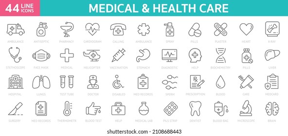 Medecine and health line icon symbols. Outline line web icon collection. Pills, doctor, intensive care, COVID 19, hospital, ambulance, virus icons - stock vector.